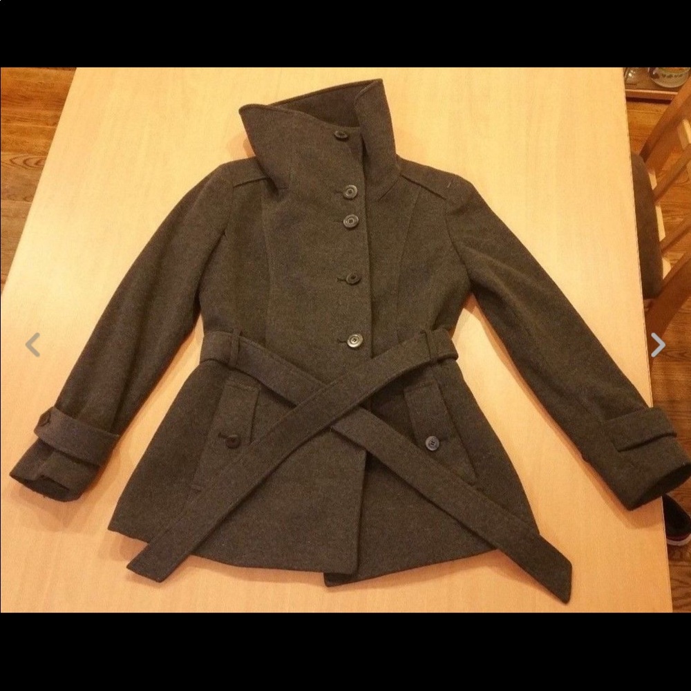 Cole Haan gray wool belted coat/ stand collar
